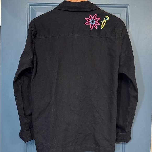 Boho Embroidered Floral Jacket Black Cotton White Stag Large - Picture 2 of 5